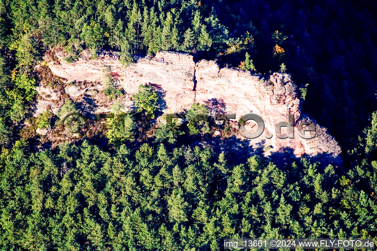 Oblique view of Ruins and vestiges of the former castle and fortress Lindelbrunn in Vorderweidenthal in the state Rhineland-Palatinate