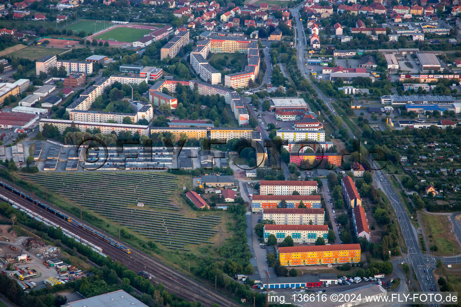 Aerial view of Prefabricated buildings on Regenstein in Blankenburg in the state Saxony-Anhalt, Germany