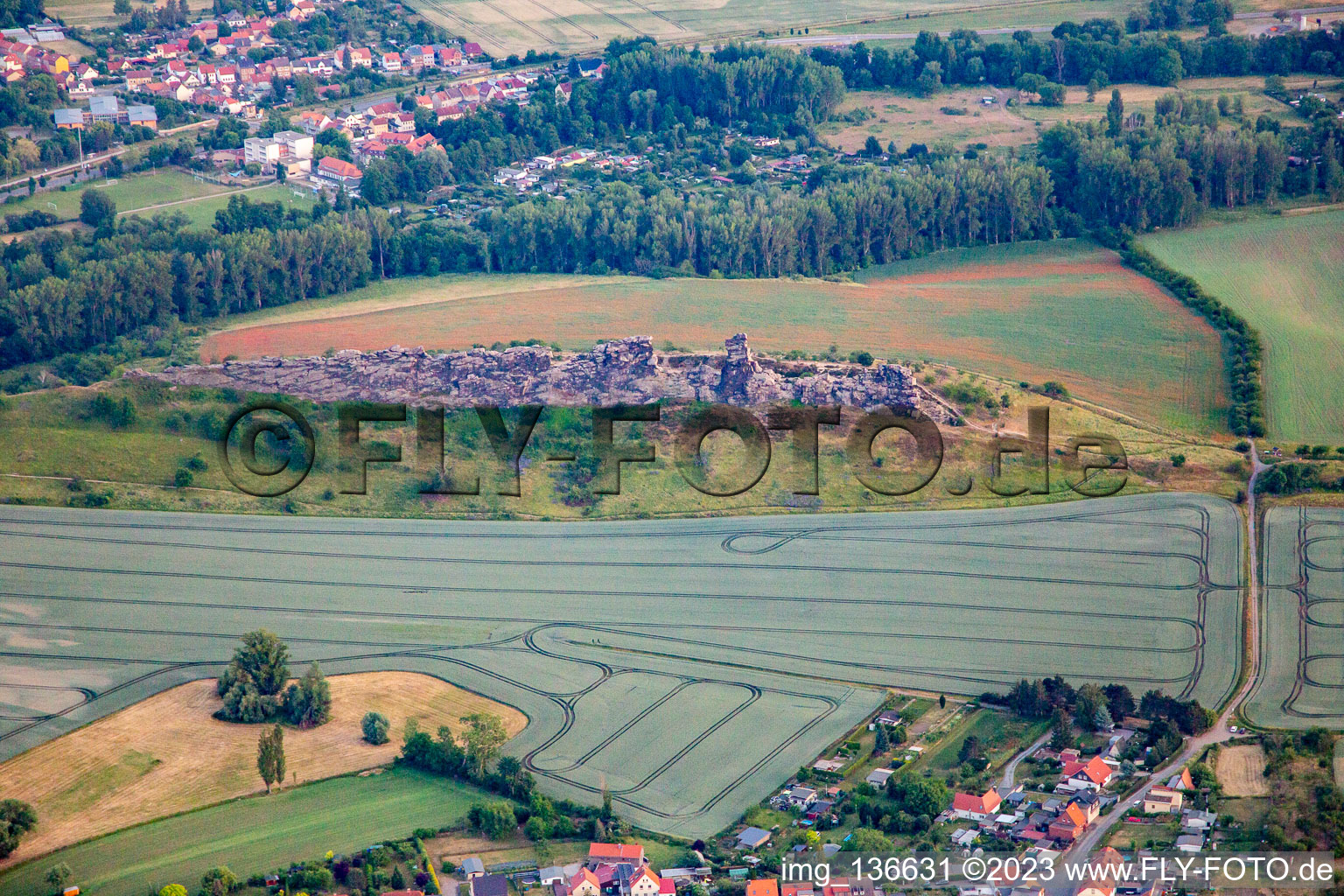 Aerial view of Devil's Wall (Königsstein) from the north in the district Weddersleben in Thale in the state Saxony-Anhalt, Germany