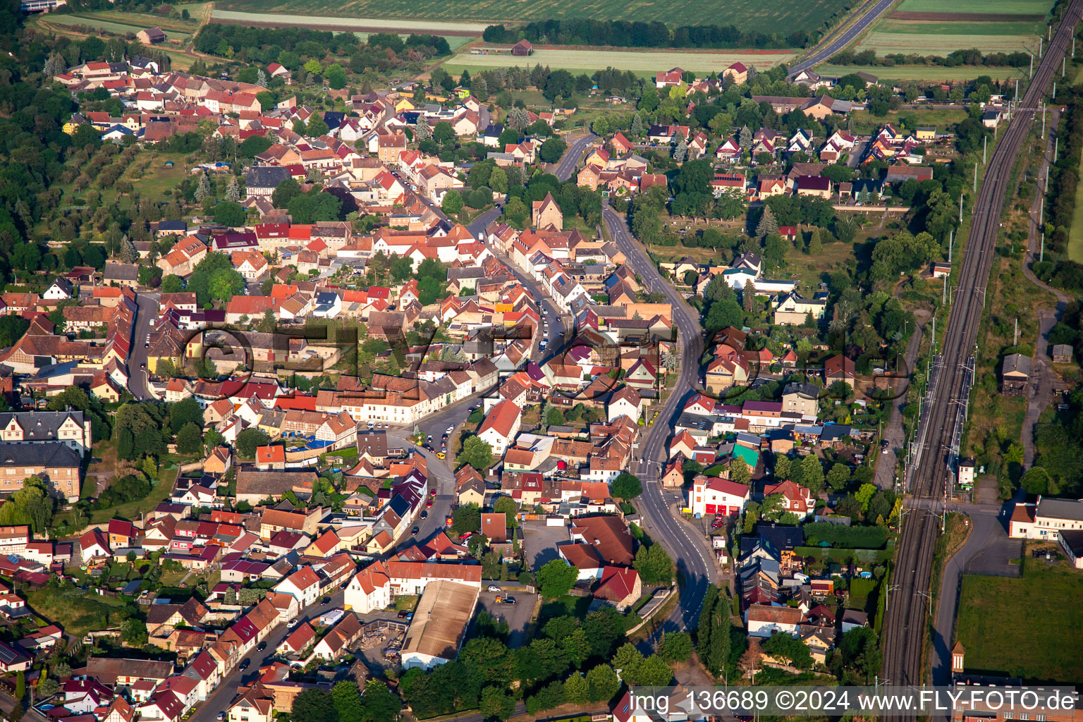 Main street PostStr railway line in Wallhausen in the state Saxony-Anhalt, Germany