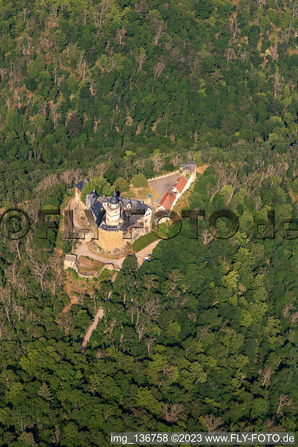 Castle Falkenstein (Resin) in the district Pansfelde in Falkenstein in the state Saxony-Anhalt, Germany viewn from the air