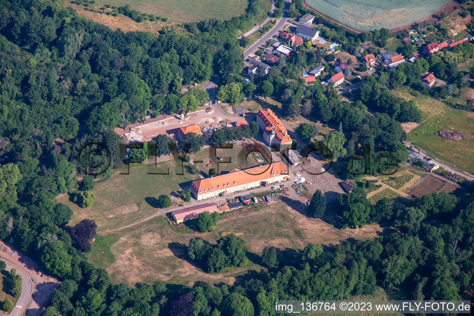Aerial view of Bernstein Castle Meisdorf and Waldhotel Forsthaus GmbH in the district Meisdorf in Falkenstein in the state Saxony-Anhalt, Germany