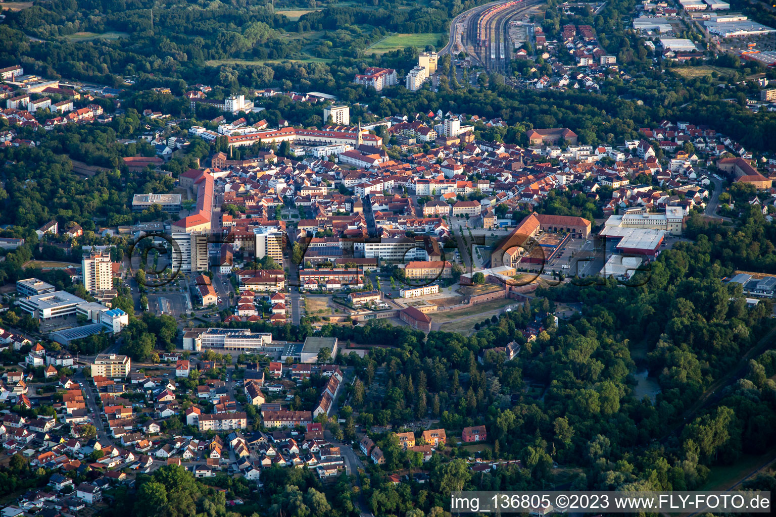 Aerial view of Fronte Lamotte city park in Germersheim in the state Rhineland-Palatinate, Germany