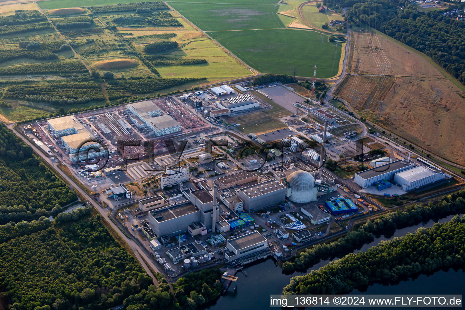 Aerial view of Decommissioned nuclear power plant Philippsburg in Philippsburg in the state Baden-Wuerttemberg, Germany