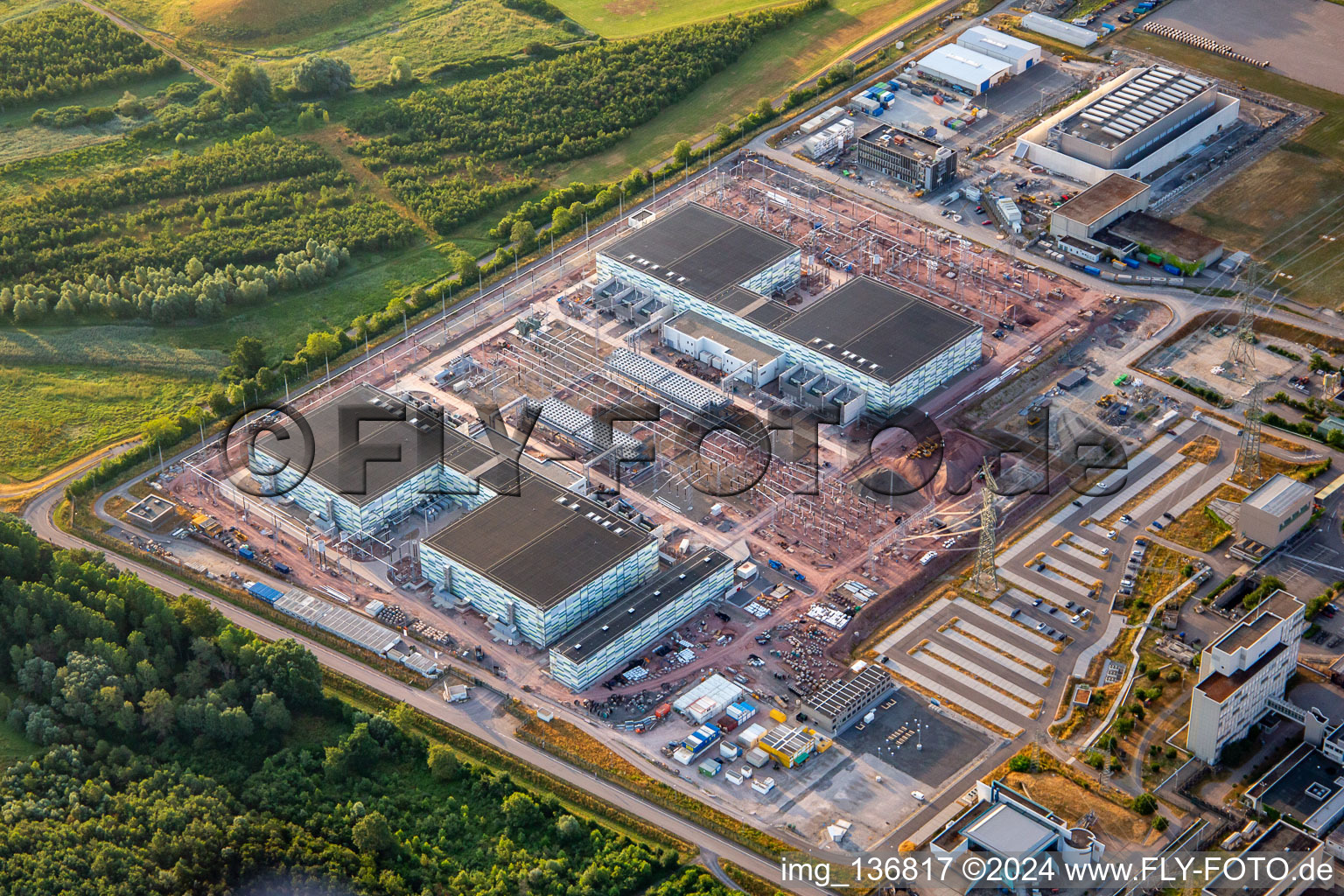 Aerial view of TransnetBW GmbH, DC substation in Philippsburg in the state Baden-Wuerttemberg, Germany