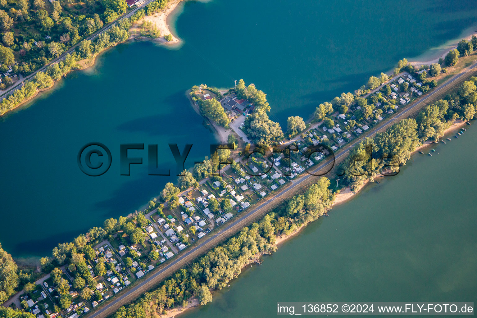 Camping pitches on Rheinauenstrasse between Waldsee and Otterstädter Altrhein in Waldsee in the state Rhineland-Palatinate, Germany