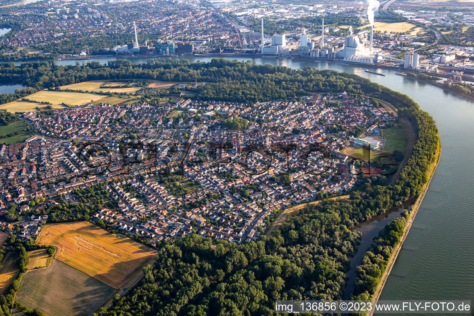 Aerial view of In front of the backdrop of the GKM in Altrip in the state Rhineland-Palatinate, Germany