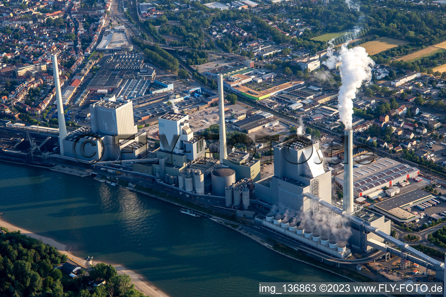 Aerial view of Large power plant Mannheim GKM from the south in the district Neckarau in Mannheim in the state Baden-Wuerttemberg, Germany