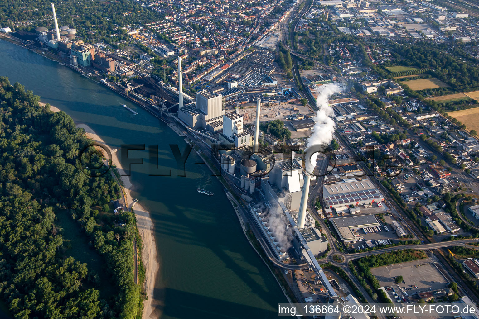 Aerial photograpy of Large power plant Mannheim GKM from south in the district Neckarau in Mannheim in the state Baden-Wuerttemberg, Germany