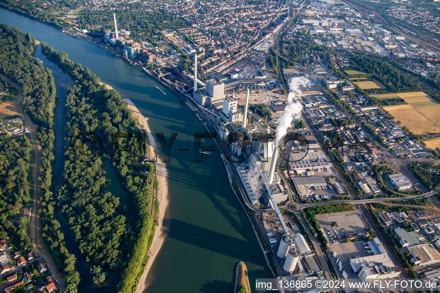 Oblique view of Large power plant Mannheim GKM from south in the district Neckarau in Mannheim in the state Baden-Wuerttemberg, Germany