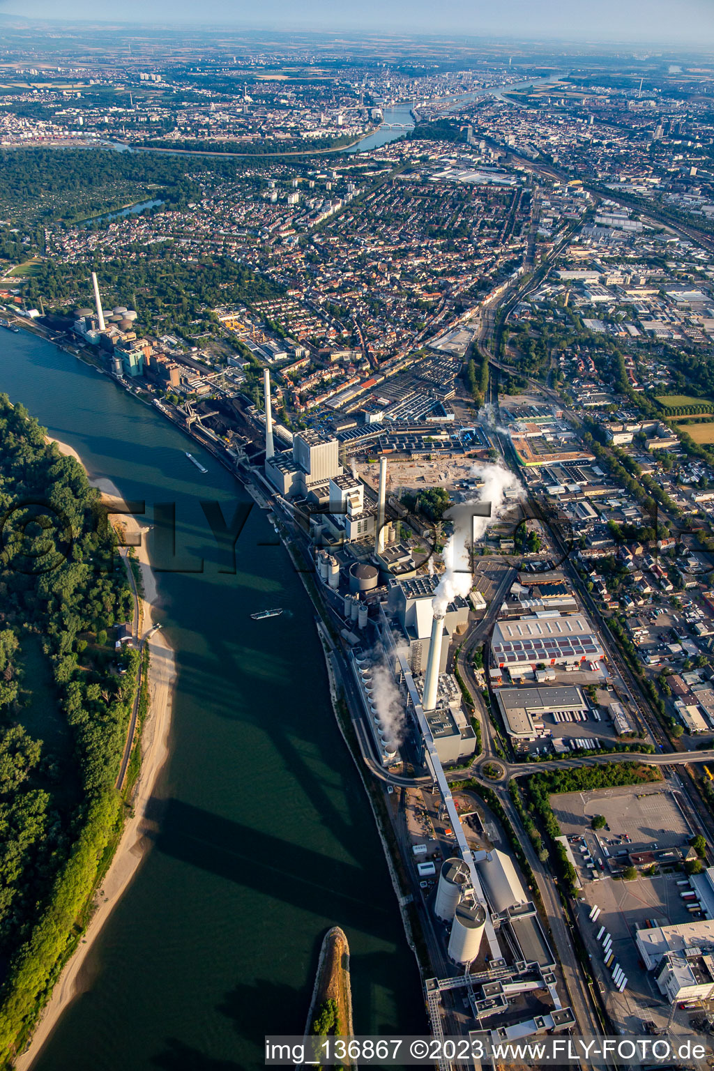 Aerial view of Large power plant Mannheim GKM from the southeast in the district Neckarau in Mannheim in the state Baden-Wuerttemberg, Germany
