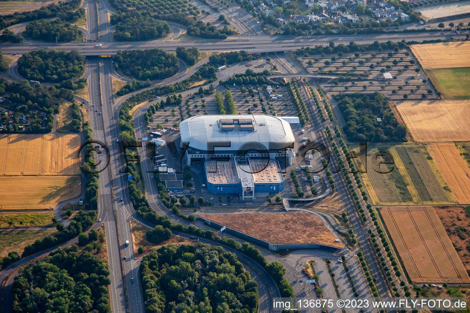 Aerial view of SAP Arena in the district Hochstätt in Mannheim in the state Baden-Wuerttemberg, Germany