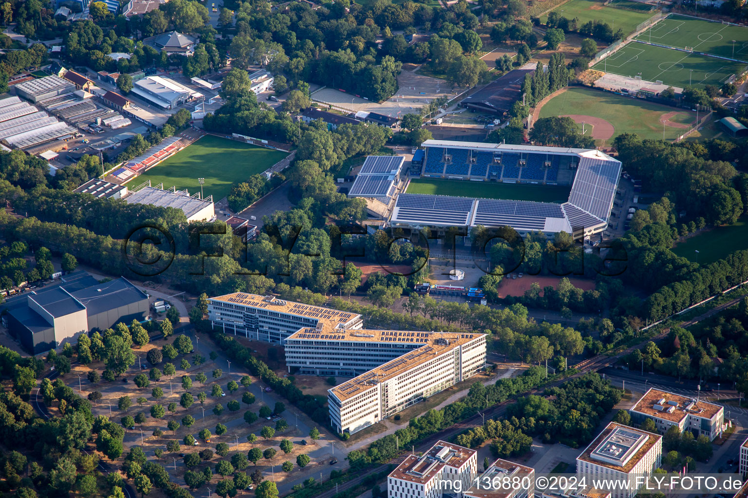 Carl Benz Stadium and Rhein Neckar Football Center in the district Oststadt in Mannheim in the state Baden-Wuerttemberg, Germany