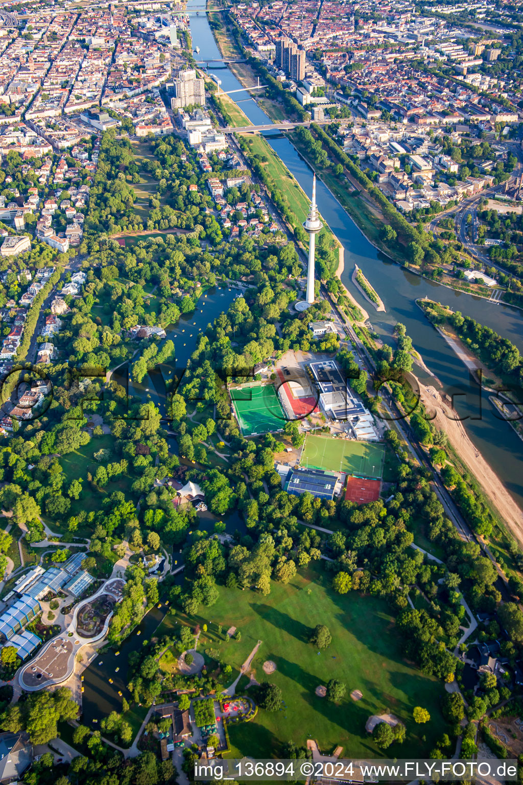 Luisenpark Mannheim with telecommunications tower Mannheim on the Neckar, part of the Federal Garden Show 2023 BUGA23 in the district Oststadt in Mannheim in the state Baden-Wuerttemberg, Germany