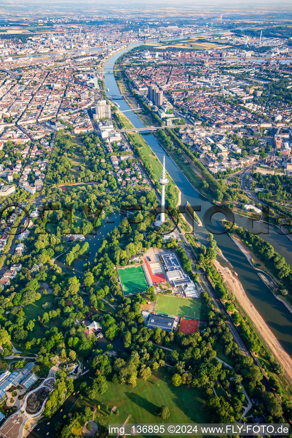 Aerial view of Luisenpark Mannheim with telecommunications tower Mannheim on the Neckar, part of the Federal Garden Show 2023 BUGA23 in the district Oststadt in Mannheim in the state Baden-Wuerttemberg, Germany