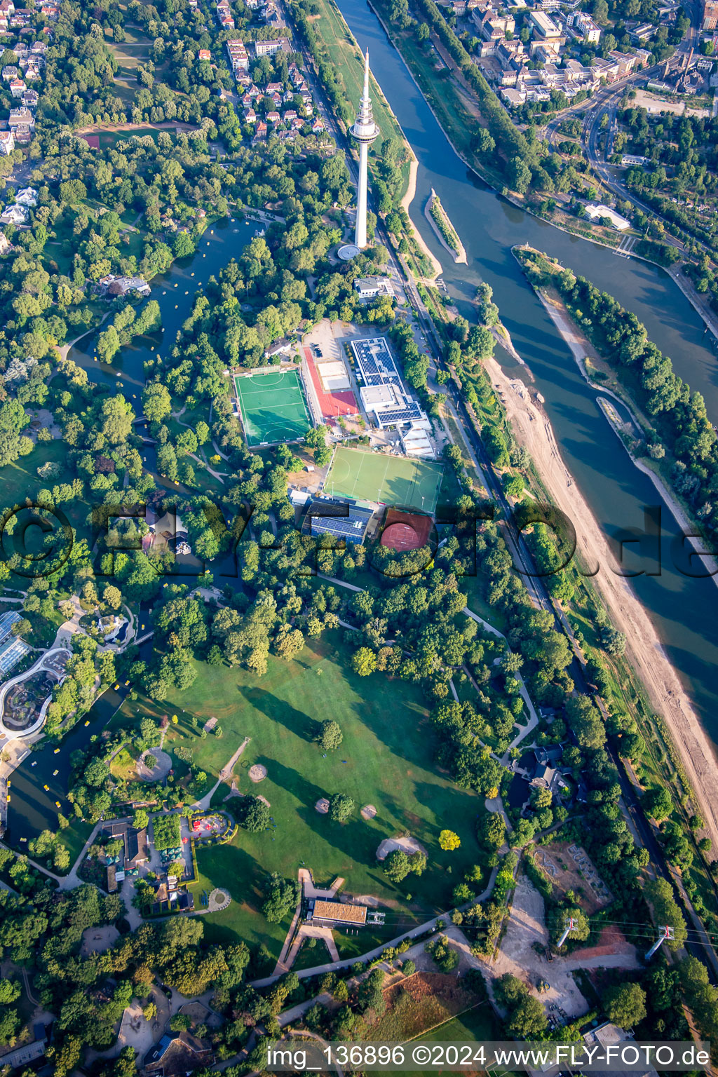 Aerial photograpy of Luisenpark Mannheim with telecommunications tower Mannheim on the Neckar, part of the Federal Garden Show 2023 BUGA23 in the district Oststadt in Mannheim in the state Baden-Wuerttemberg, Germany