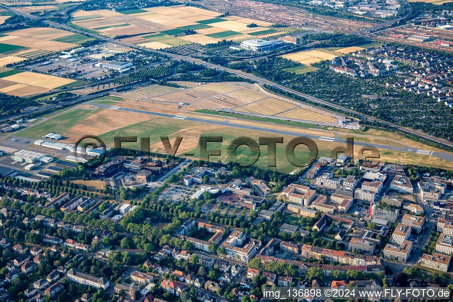 City Airport from the northwest in the district Neuostheim in Mannheim in the state Baden-Wuerttemberg, Germany