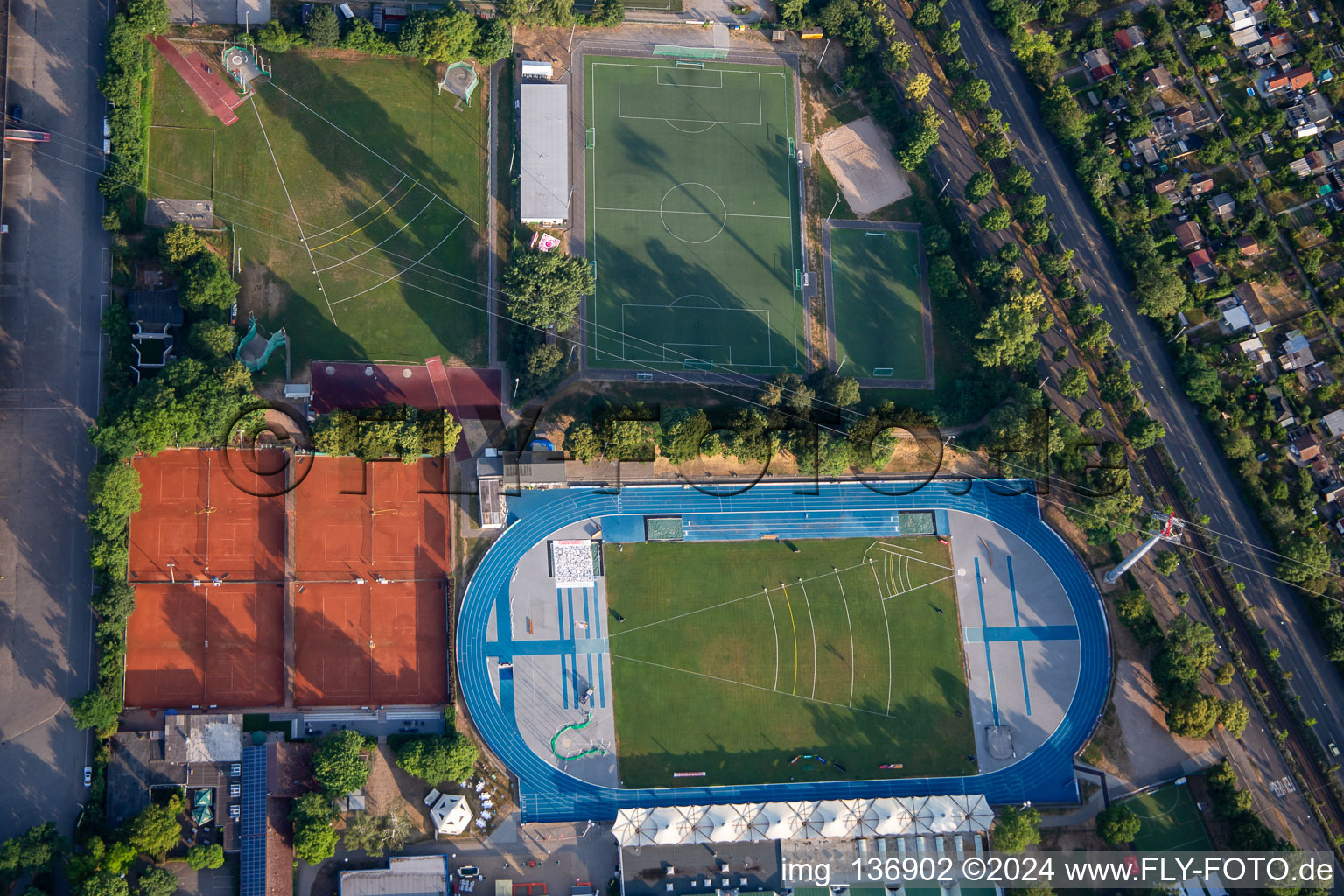 Olympic athletics base with Michael Hoffmann Stadium, PSV Mannheim eV - sports field and tennis base Mannheim in the district Neckarstadt-Ost in Mannheim in the state Baden-Wuerttemberg, Germany