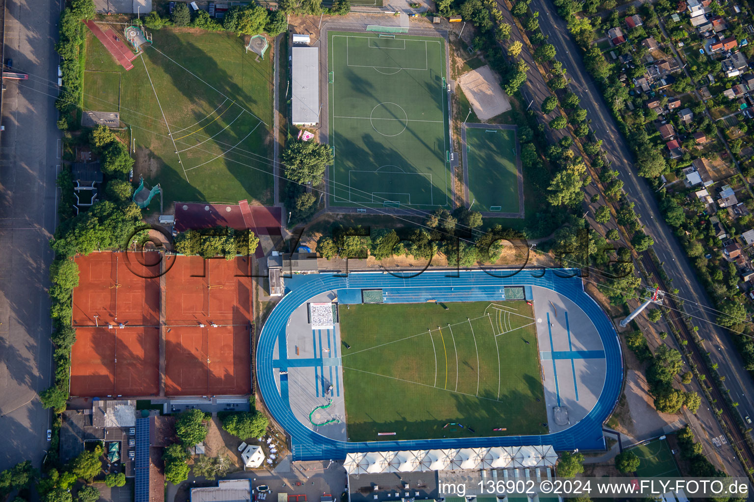 Olympic Athletics Training Center with Michael Hoffmann Stadium, PSV Mannheim eV - Sports Field and Tennis Base Mannheim in the district Neckarstadt-Ost in Mannheim in the state Baden-Wuerttemberg, Germany