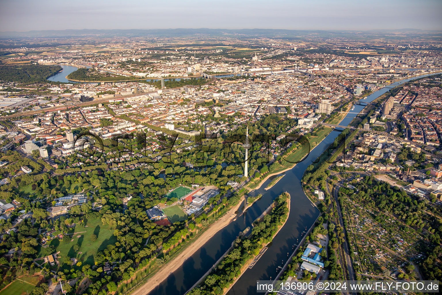 Luisenpark Mannheim with telecommunications tower Mannheim on the Neckar, part of the Federal Garden Show 2023 BUGA23 in the district Oststadt in Mannheim in the state Baden-Wuerttemberg, Germany from above