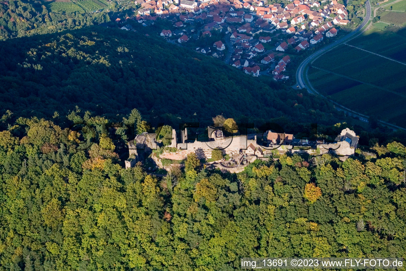 Aerial view of Madenburg castle ruins in Eschbach in the state Rhineland-Palatinate, Germany