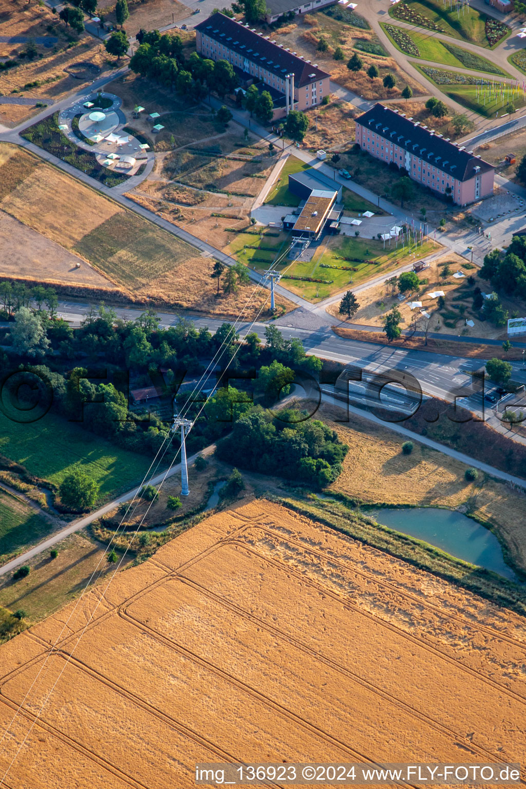 Aerial view of Spinelli cable car station of the cable car from Spinelli to Luisenpark of the Federal Garden Show Mannheim BUGA 2023 in the district Feudenheim in Mannheim in the state Baden-Wuerttemberg, Germany