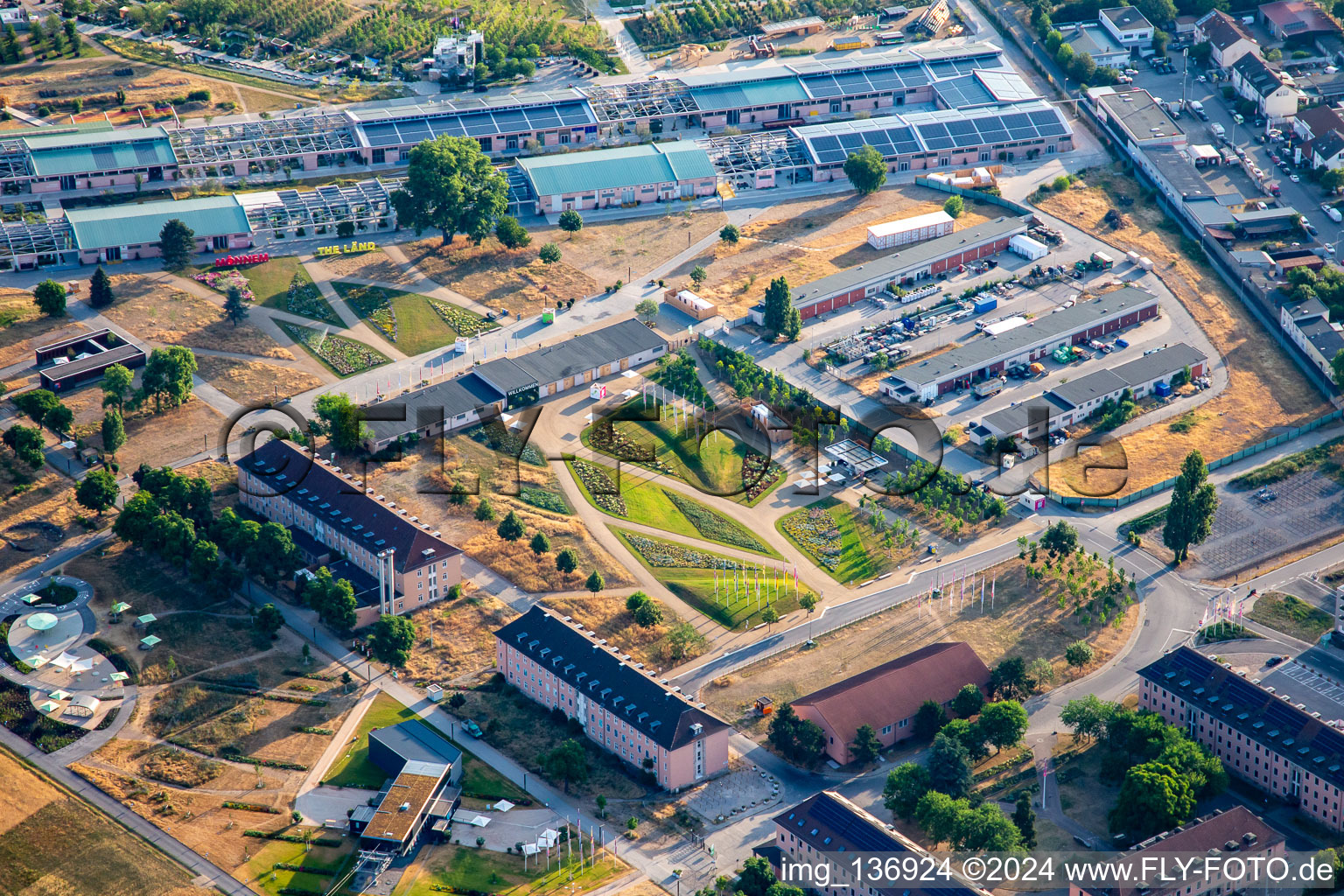 Welcome area of the Spinelli Park of the Federal Garden Show Mannheim BUGA 2023 in the district Feudenheim in Mannheim in the state Baden-Wuerttemberg, Germany