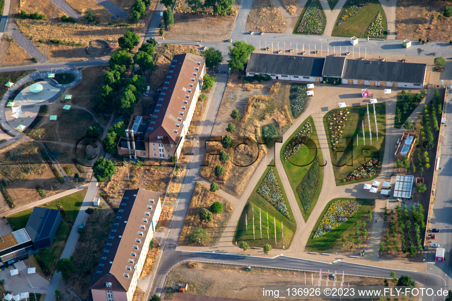 Aerial view of Welcome area of the Spinelli Park of the Federal Garden Show Mannheim BUGA 2023 in the district Feudenheim in Mannheim in the state Baden-Wuerttemberg, Germany