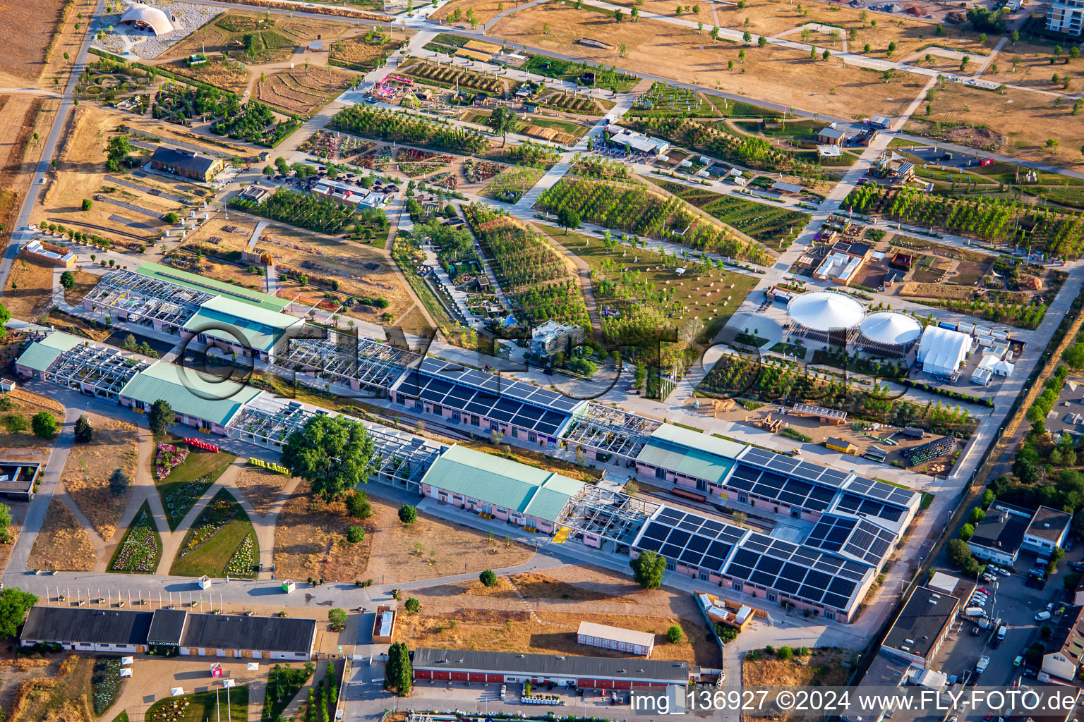 Aerial view of U‑Halle in the Spinelli Park of the Federal Garden Show Mannheim BUGA 2023 in the district Feudenheim in Mannheim in the state Baden-Wuerttemberg, Germany