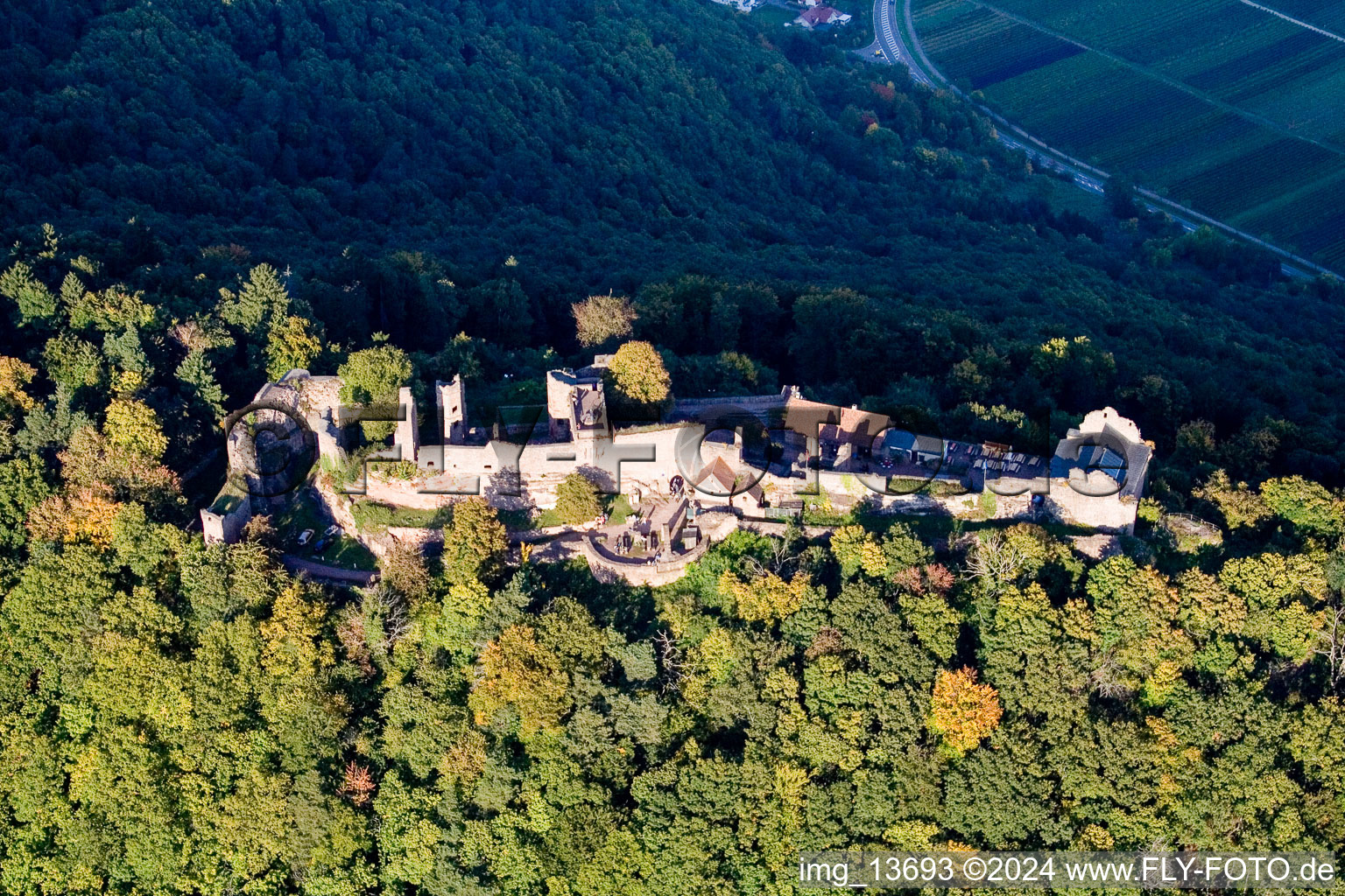 Aerial photograpy of Madenburg Castle Ruins in Eschbach in the state Rhineland-Palatinate, Germany