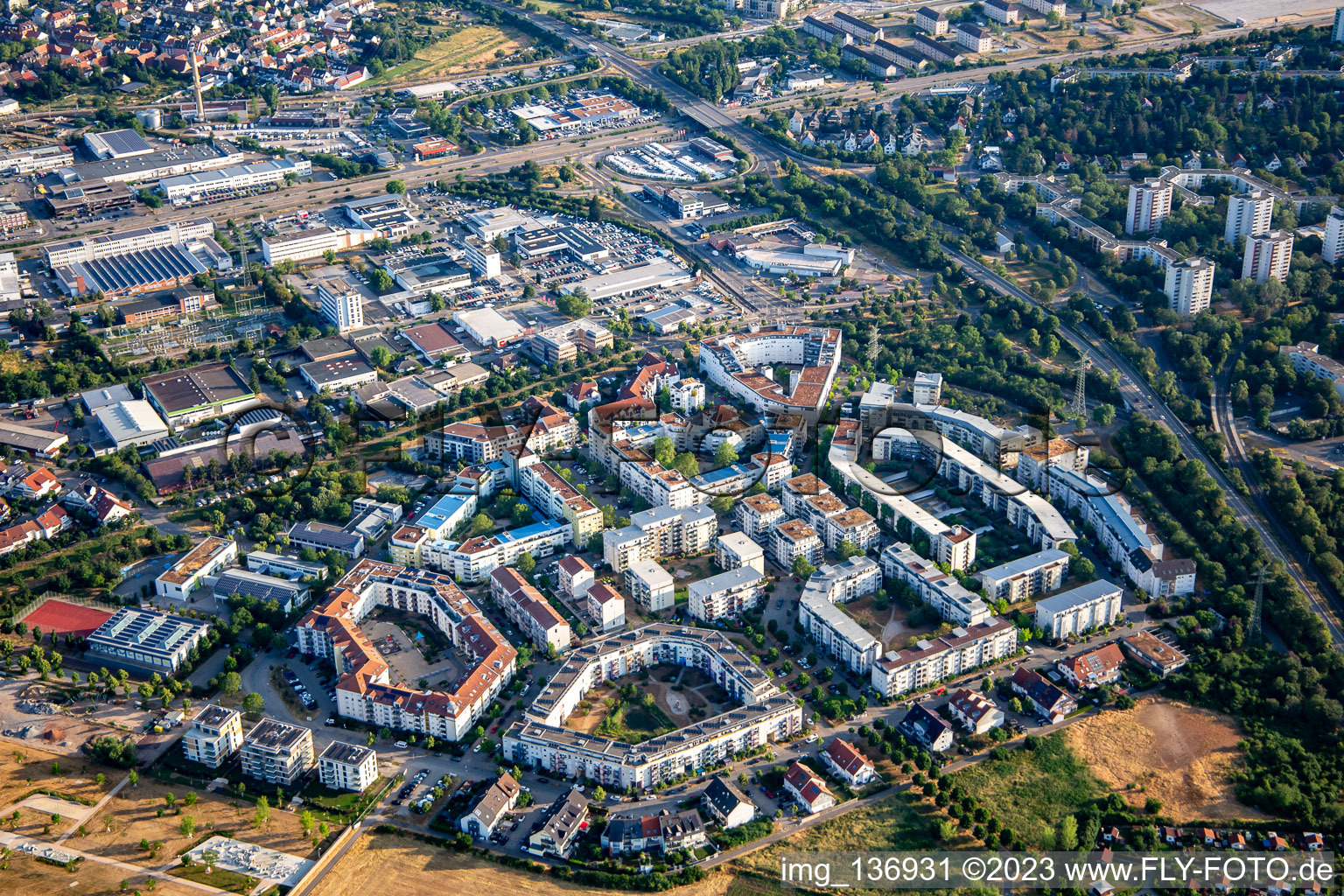 Aerial photograpy of Ida Dehmel ring in the district Käfertal in Mannheim in the state Baden-Wuerttemberg, Germany