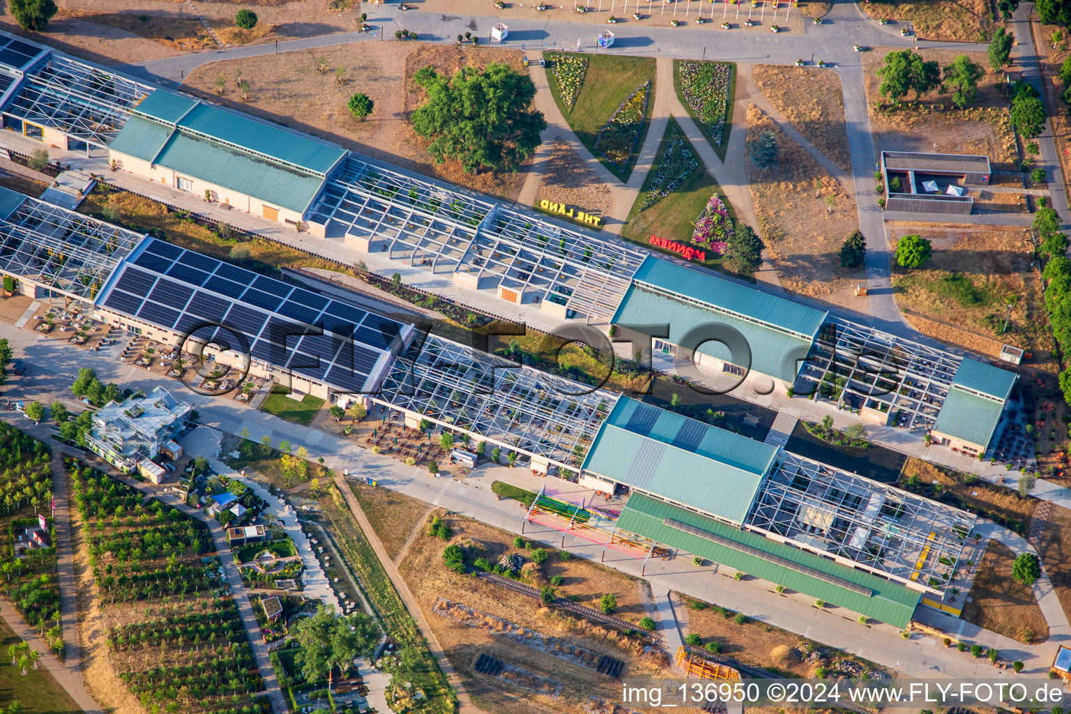 Aerial photograpy of U‑Halle in the Spinelli Park of the Federal Garden Show Mannheim BUGA 2023 in the district Feudenheim in Mannheim in the state Baden-Wuerttemberg, Germany