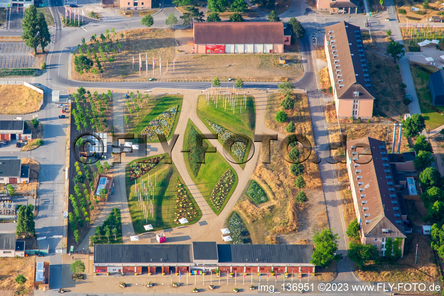 Aerial photograpy of Welcome area of the Spinelli Park of the Federal Garden Show Mannheim BUGA 2023 in the district Feudenheim in Mannheim in the state Baden-Wuerttemberg, Germany