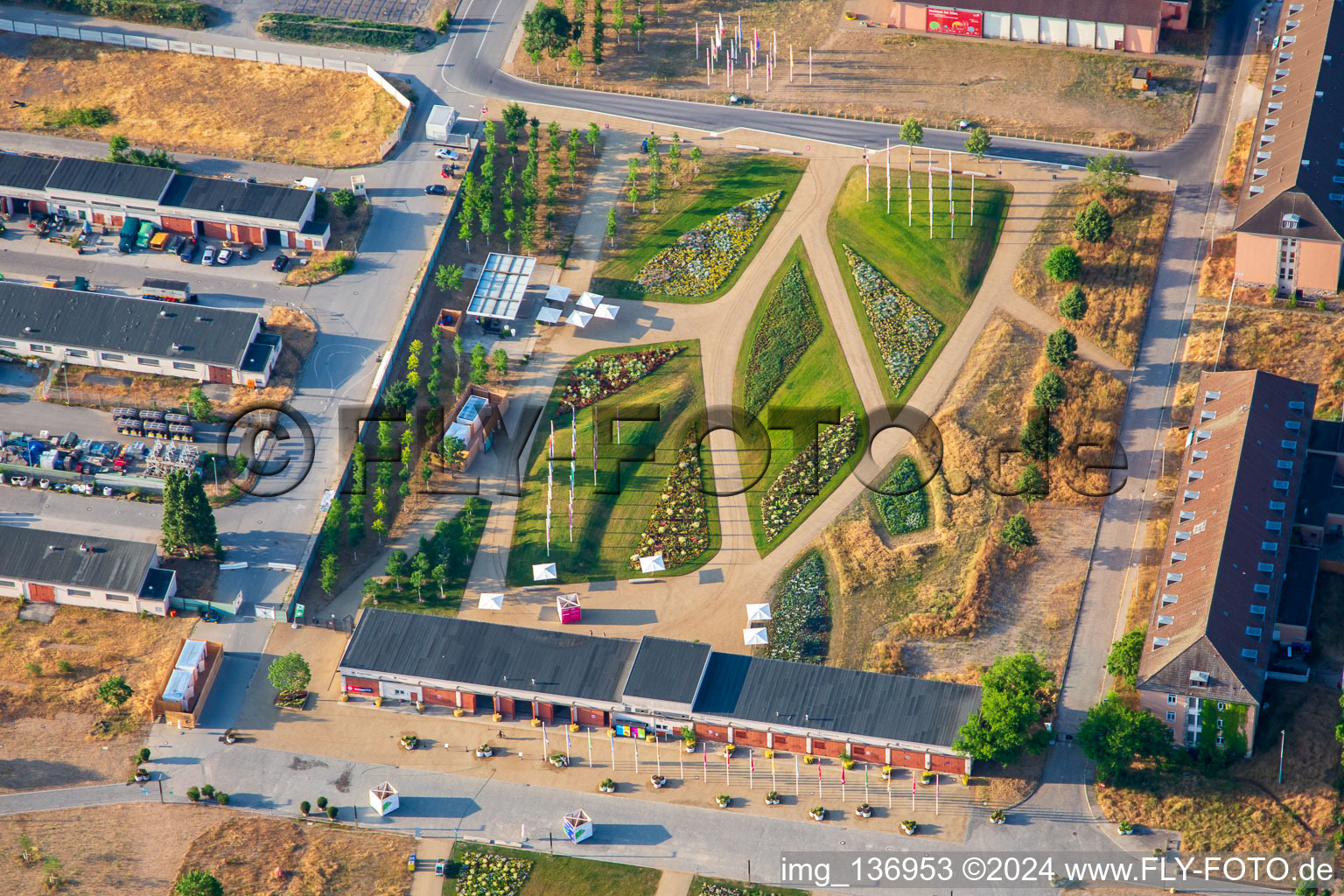 Oblique view of Welcome area of the Spinelli Park of the Federal Garden Show Mannheim BUGA 2023 in the district Feudenheim in Mannheim in the state Baden-Wuerttemberg, Germany