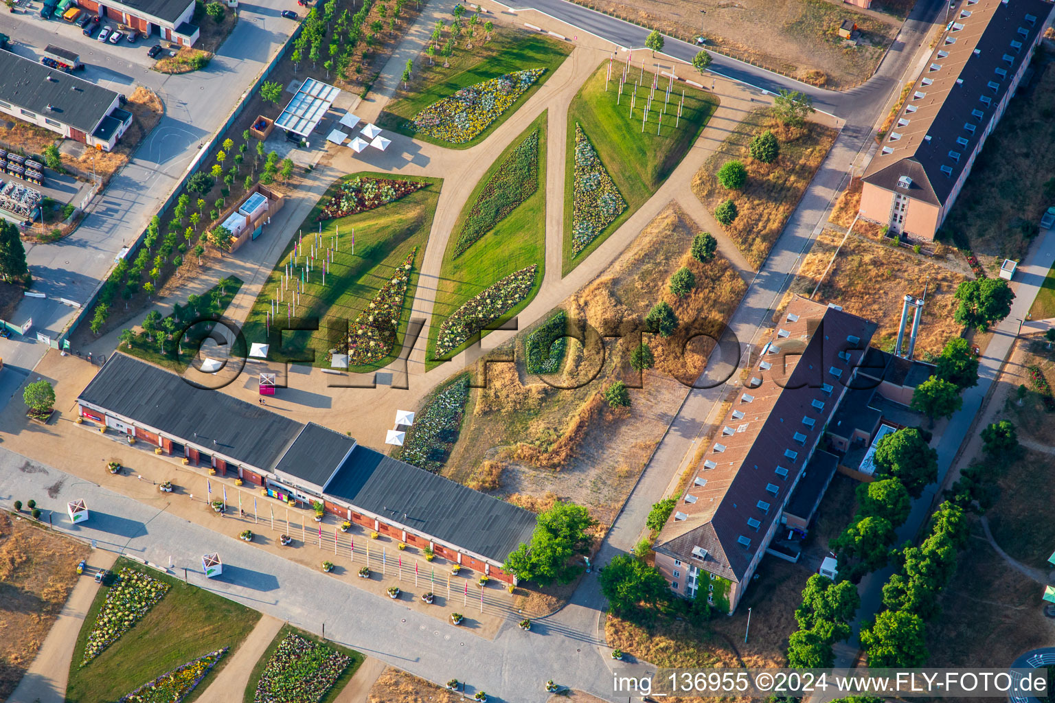 Welcome area of the Spinelli Park of the Federal Garden Show Mannheim BUGA 2023 in the district Feudenheim in Mannheim in the state Baden-Wuerttemberg, Germany from above