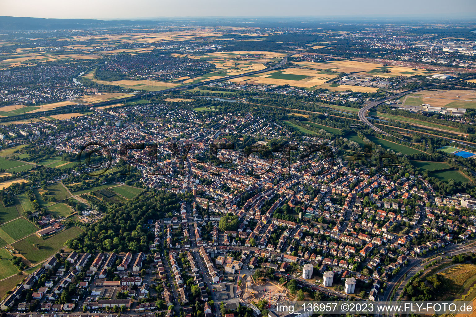 From the west in the district Feudenheim in Mannheim in the state Baden-Wuerttemberg, Germany
