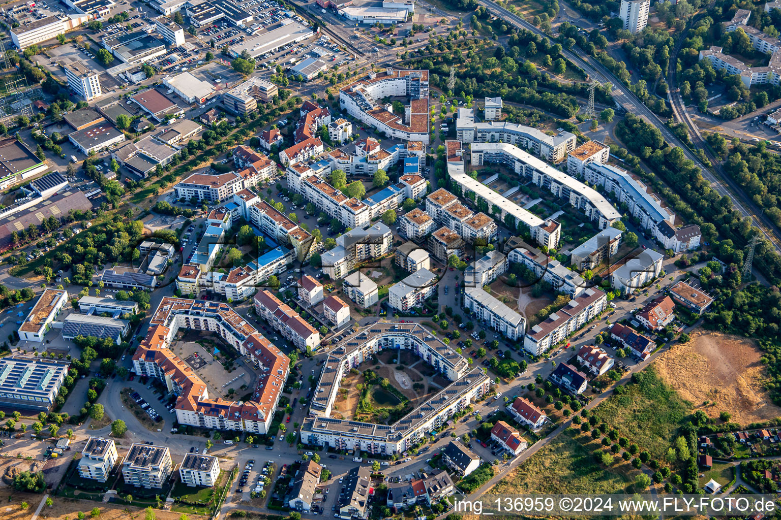 Oblique view of Ida-Dehmel-Ring in the district Käfertal in Mannheim in the state Baden-Wuerttemberg, Germany