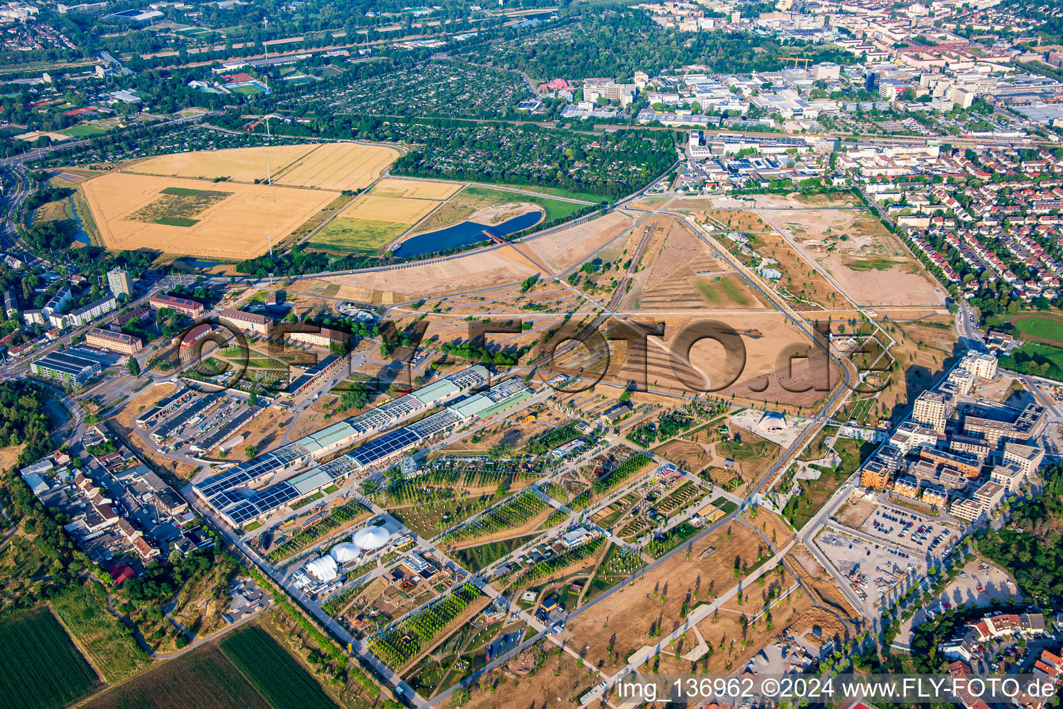 Overview from north of Spinelli Park of the Federal Garden Show Mannheim BUGA 2023 in the district Feudenheim in Mannheim in the state Baden-Wuerttemberg, Germany