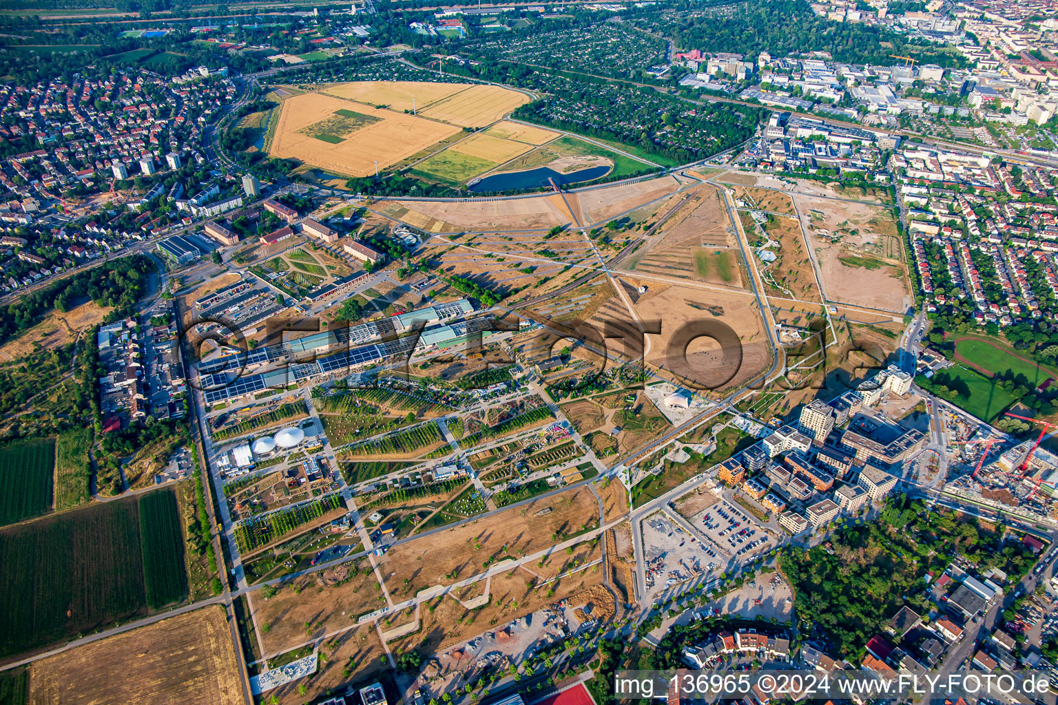 Overview from north of Spinelli Park of the Federal Garden Show Mannheim BUGA 2023 in the district Käfertal in Mannheim in the state Baden-Wuerttemberg, Germany