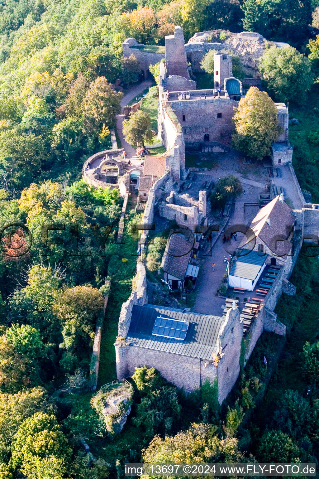 Aerial photograpy of Ruins and vestiges of the former castle and fortress Madenburg in Eschbach in the state Rhineland-Palatinate