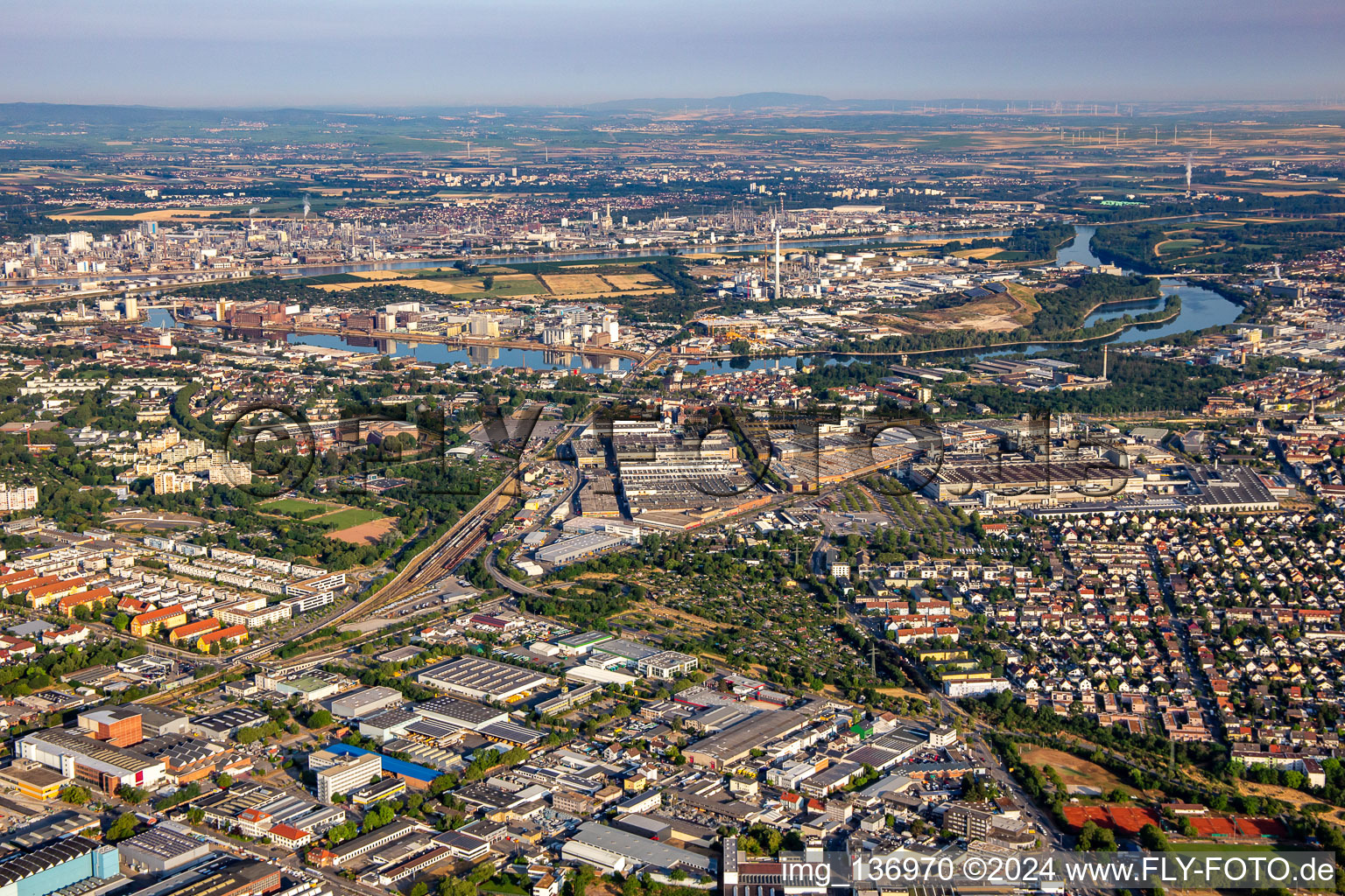 Aerial view of Friesenheim Island in the district Luzenberg in Mannheim in the state Baden-Wuerttemberg, Germany