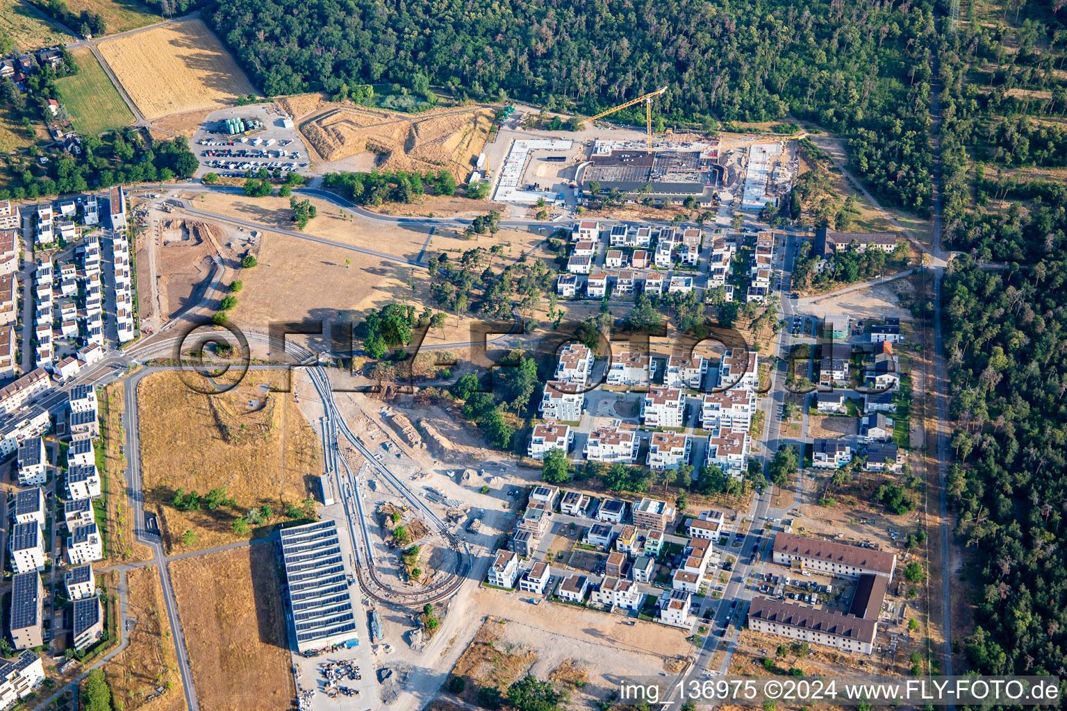 Aerial view of Tram turnaround loop at George.-Sullivan-Ring in the district Käfertal in Mannheim in the state Baden-Wuerttemberg, Germany