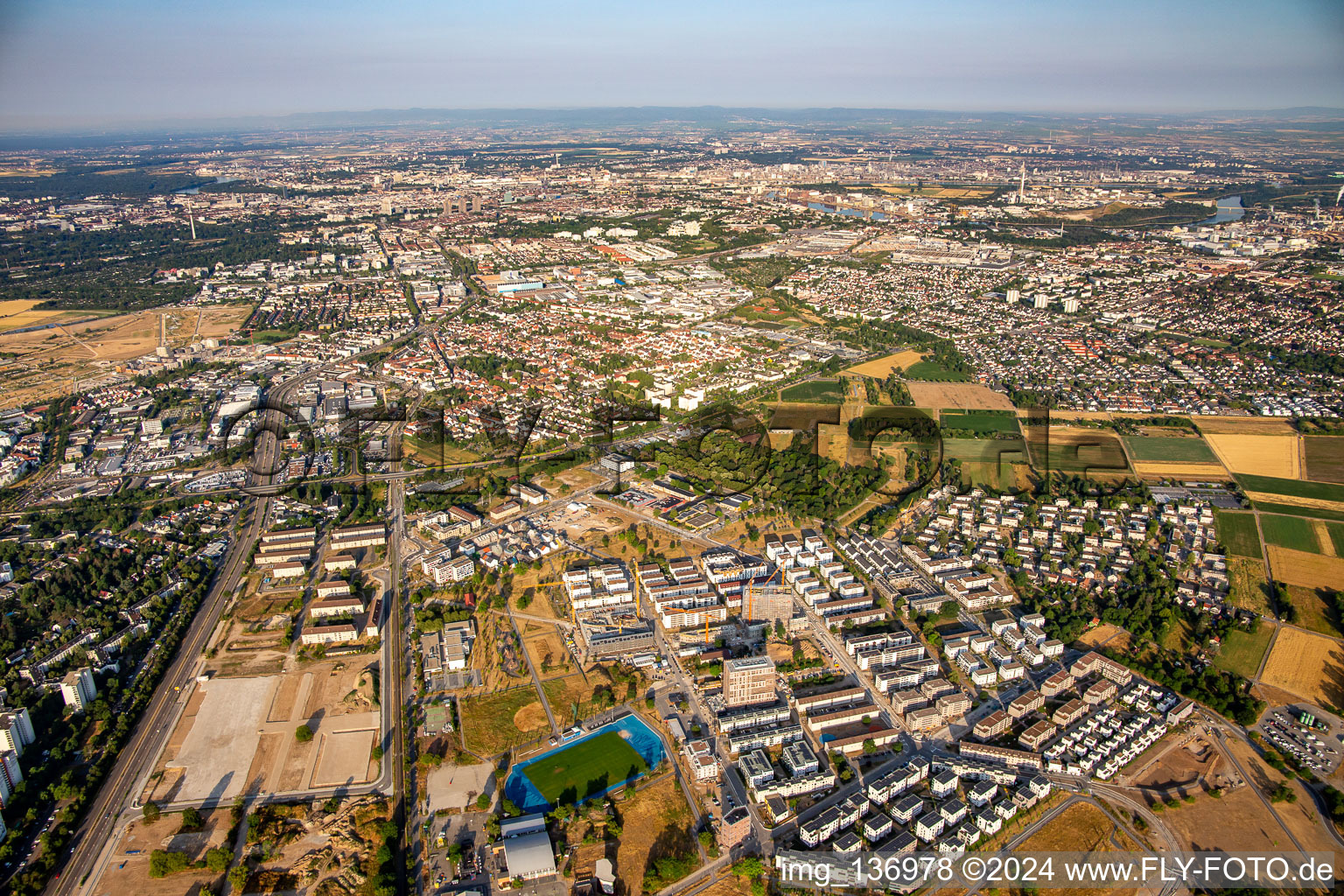 From northeast in the district Käfertal in Mannheim in the state Baden-Wuerttemberg, Germany