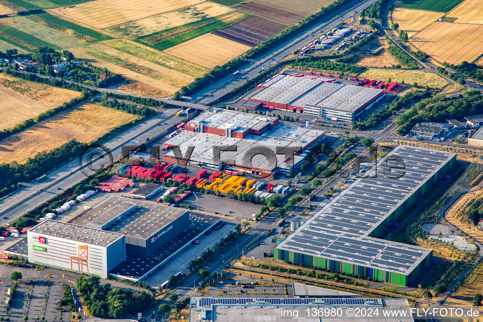 Aerial view of XXXLutz Mann Furniture Mannheim in the district Vogelstang in Mannheim in the state Baden-Wuerttemberg, Germany