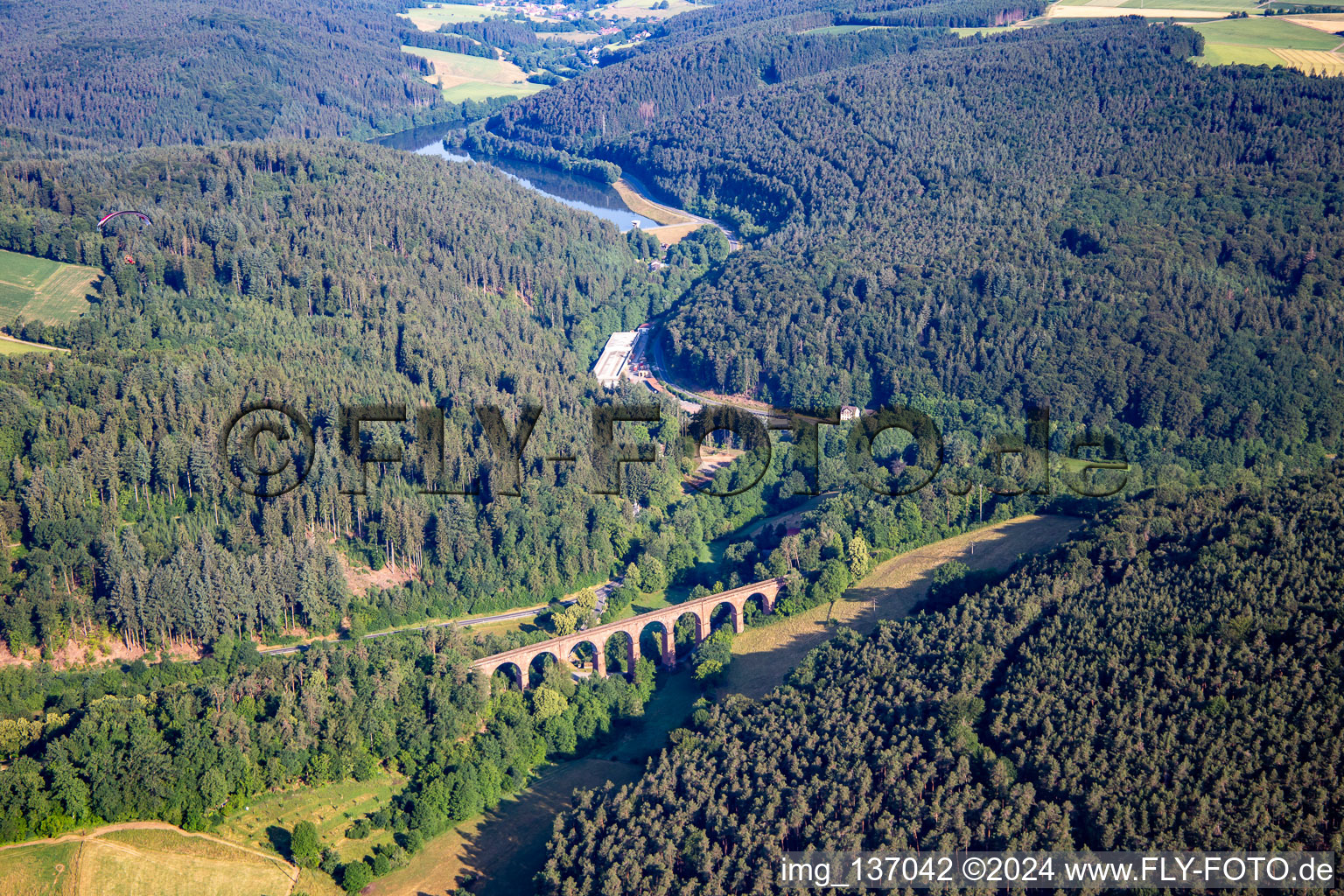 Himbächel Viaduct in the district Hetzbach in Oberzent in the state Hesse, Germany from above