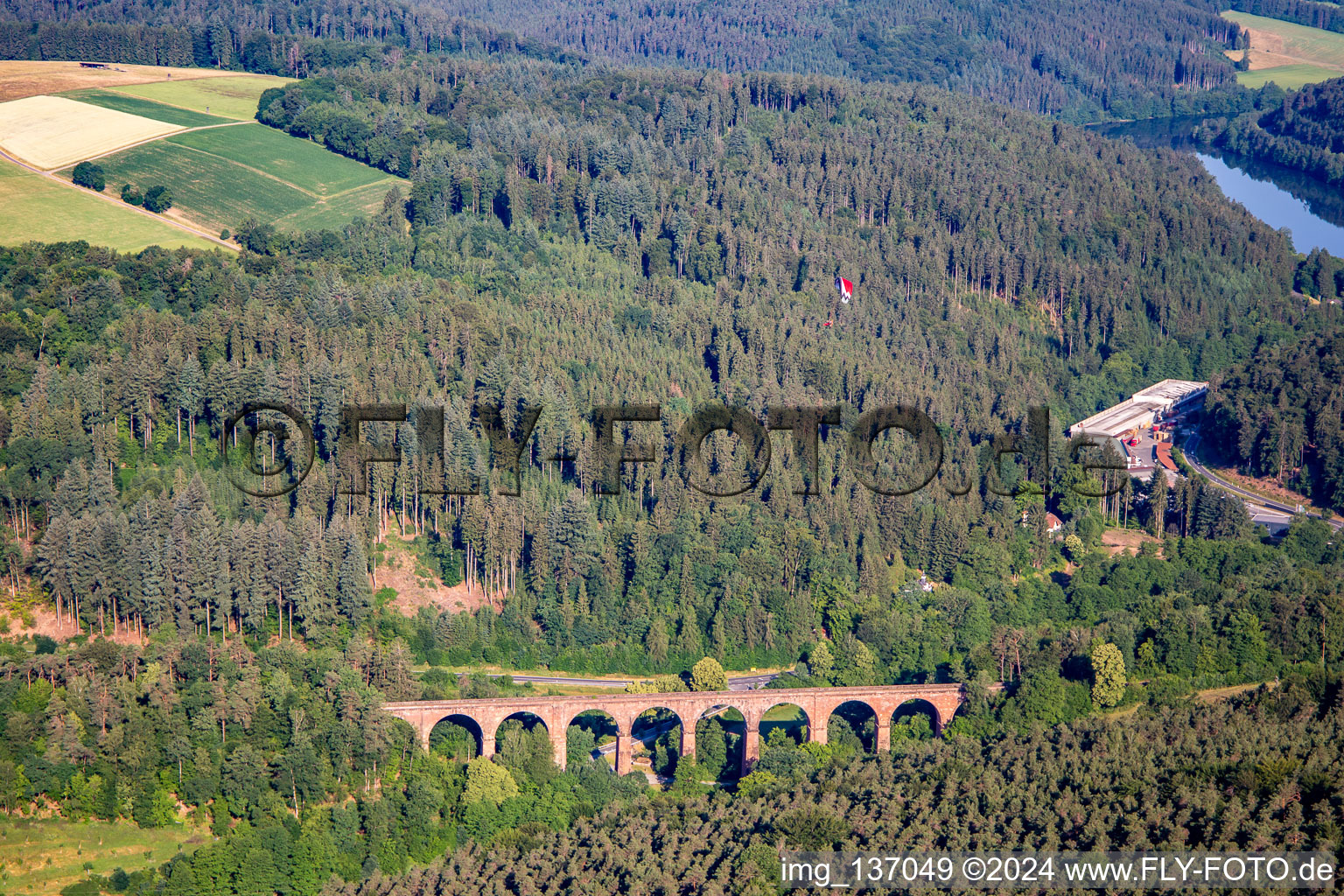 Himbächel Viaduct in the district Hetzbach in Oberzent in the state Hesse, Germany out of the air