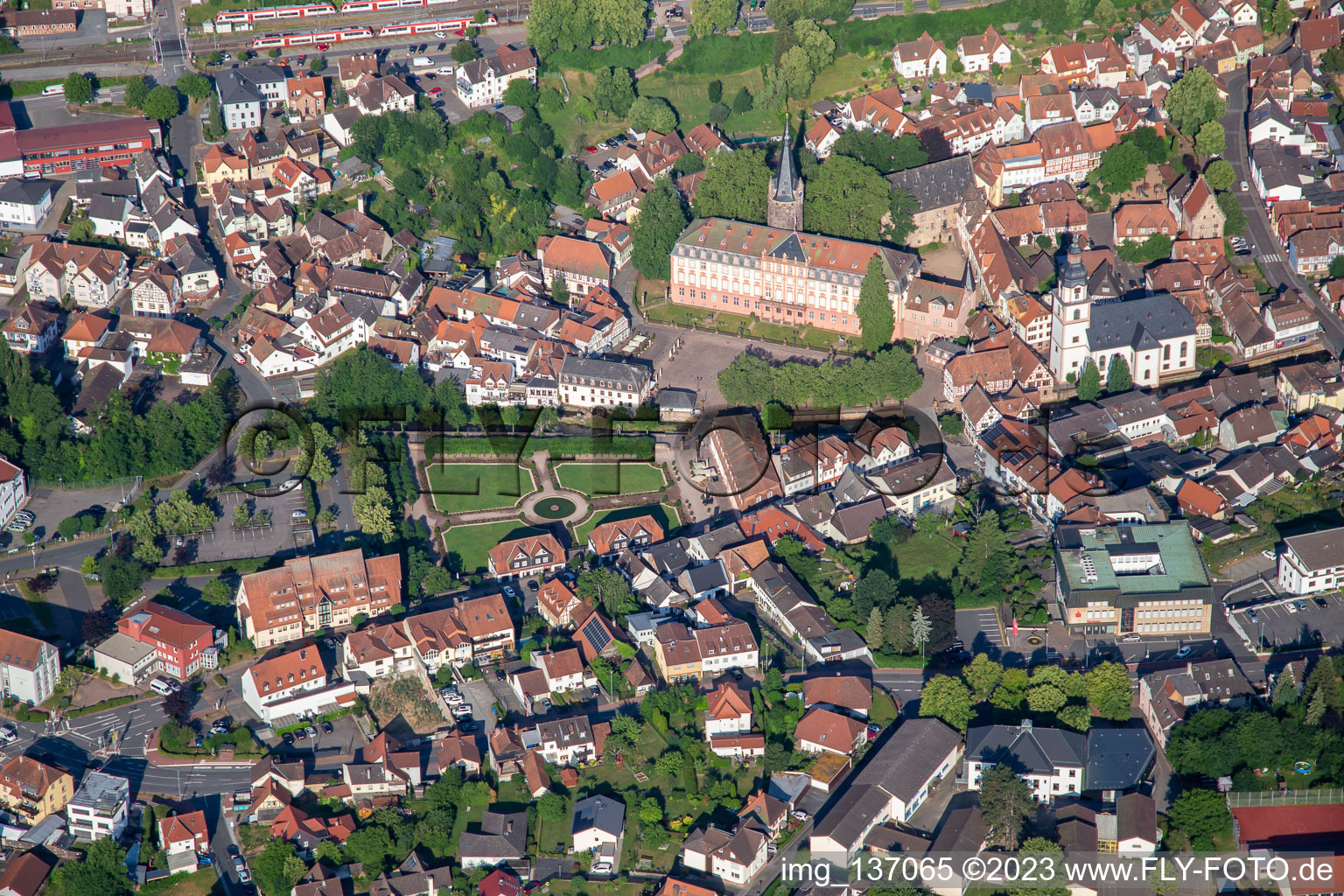 Palace Erbach, pleasure garden Erbach and town church Erbach from the east in the district Lauerbach in Erbach in the state Hesse, Germany