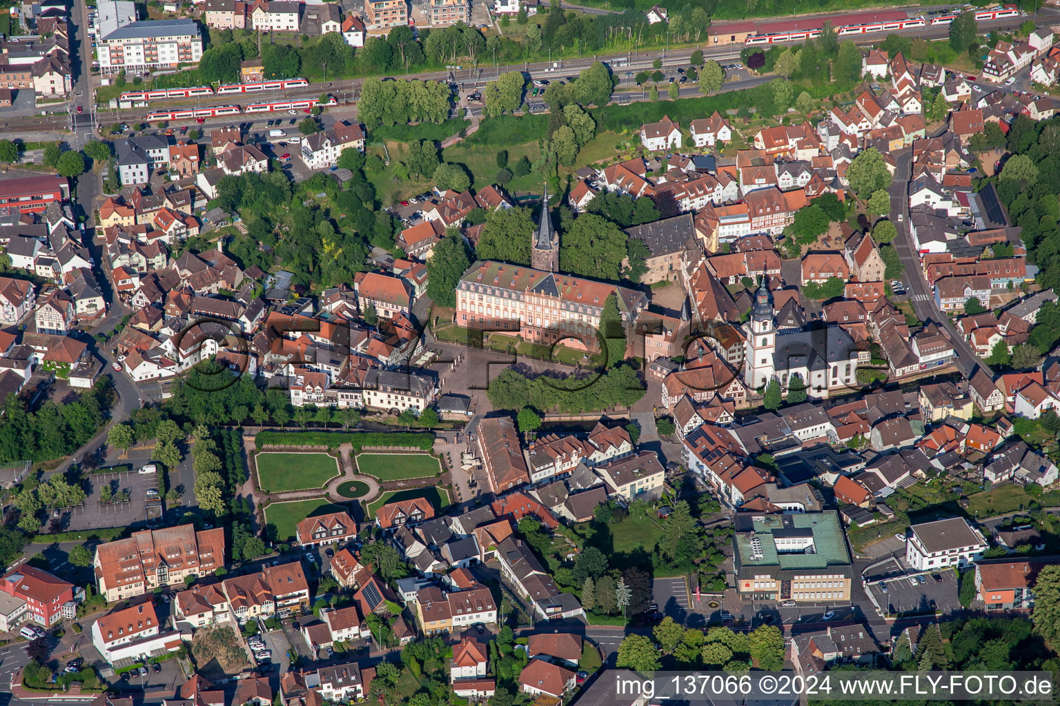 Aerial view of Palace Erbach, pleasure garden Erbach and town church Erbach from the east in the district Lauerbach in Erbach in the state Hesse, Germany