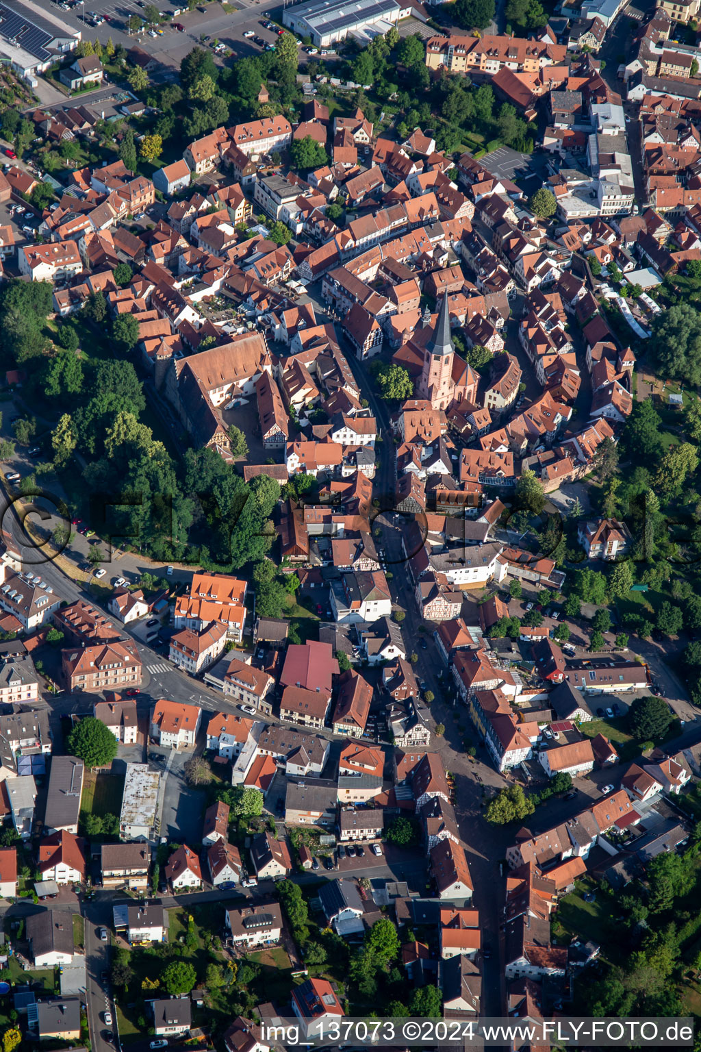 Aerial view of Historic Old Town Braunstrasse from S0 in Michelstadt in the state Hesse, Germany