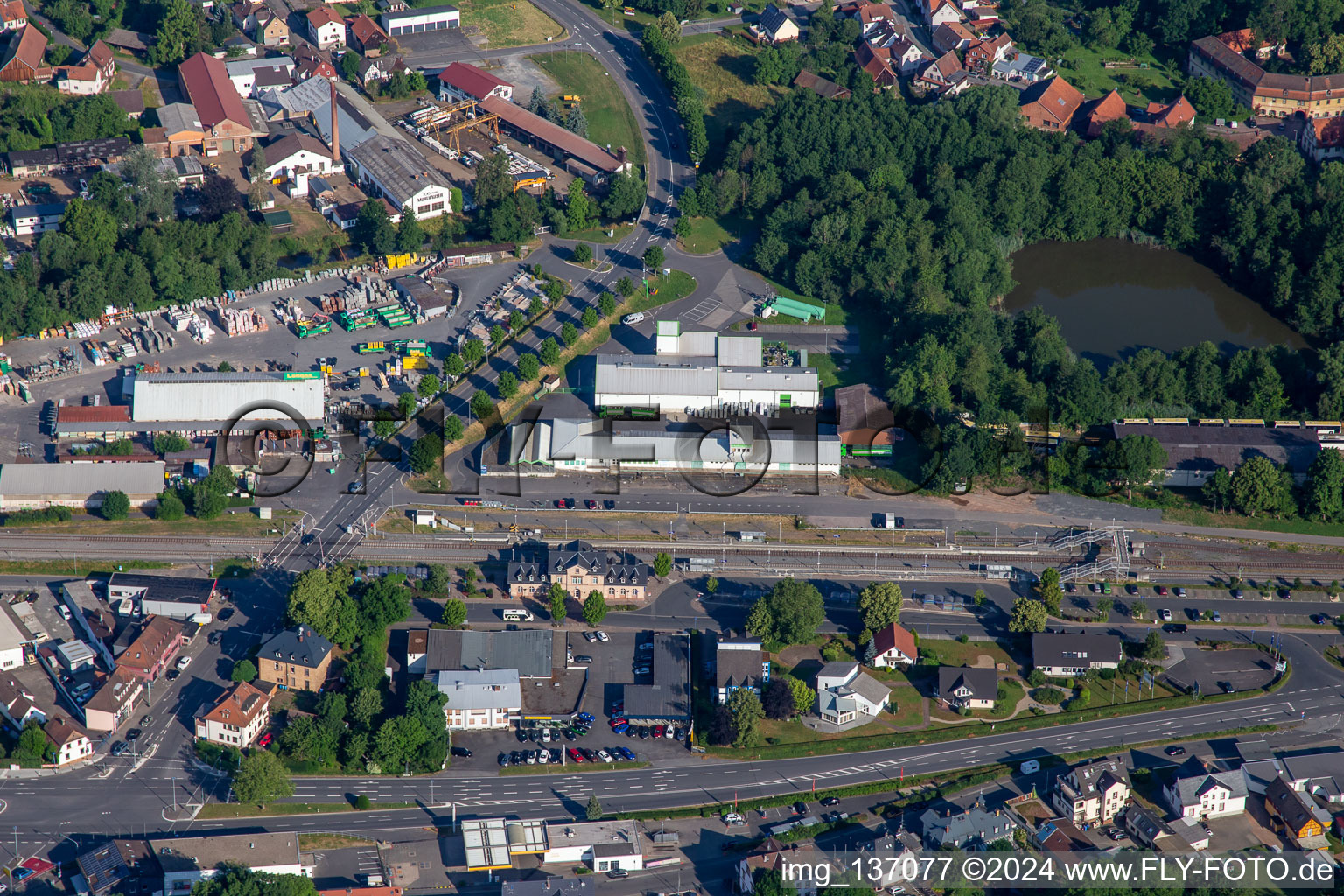 Aerial view of Lohnes GmbH & Co. KG, Raiffeisen Market Michelstadt in the district Steinbach in Michelstadt in the state Hesse, Germany